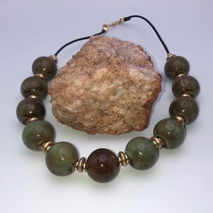 NEW One of a Kind 22mm Porcelain Brown & Green Bead Necklace on Black Leather